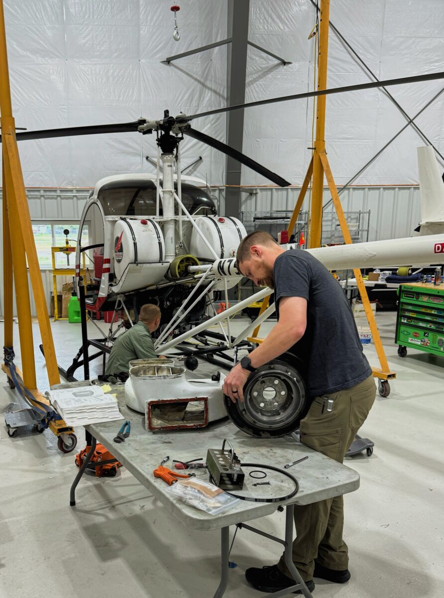 Helicopter engine work in the hangar